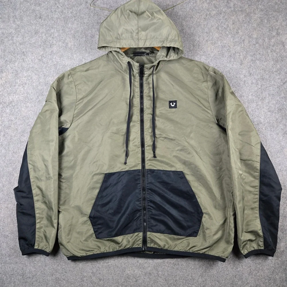 True Religion Windbreaker Jacket Mens XL Green Black Full Zip Hooded Streetwear